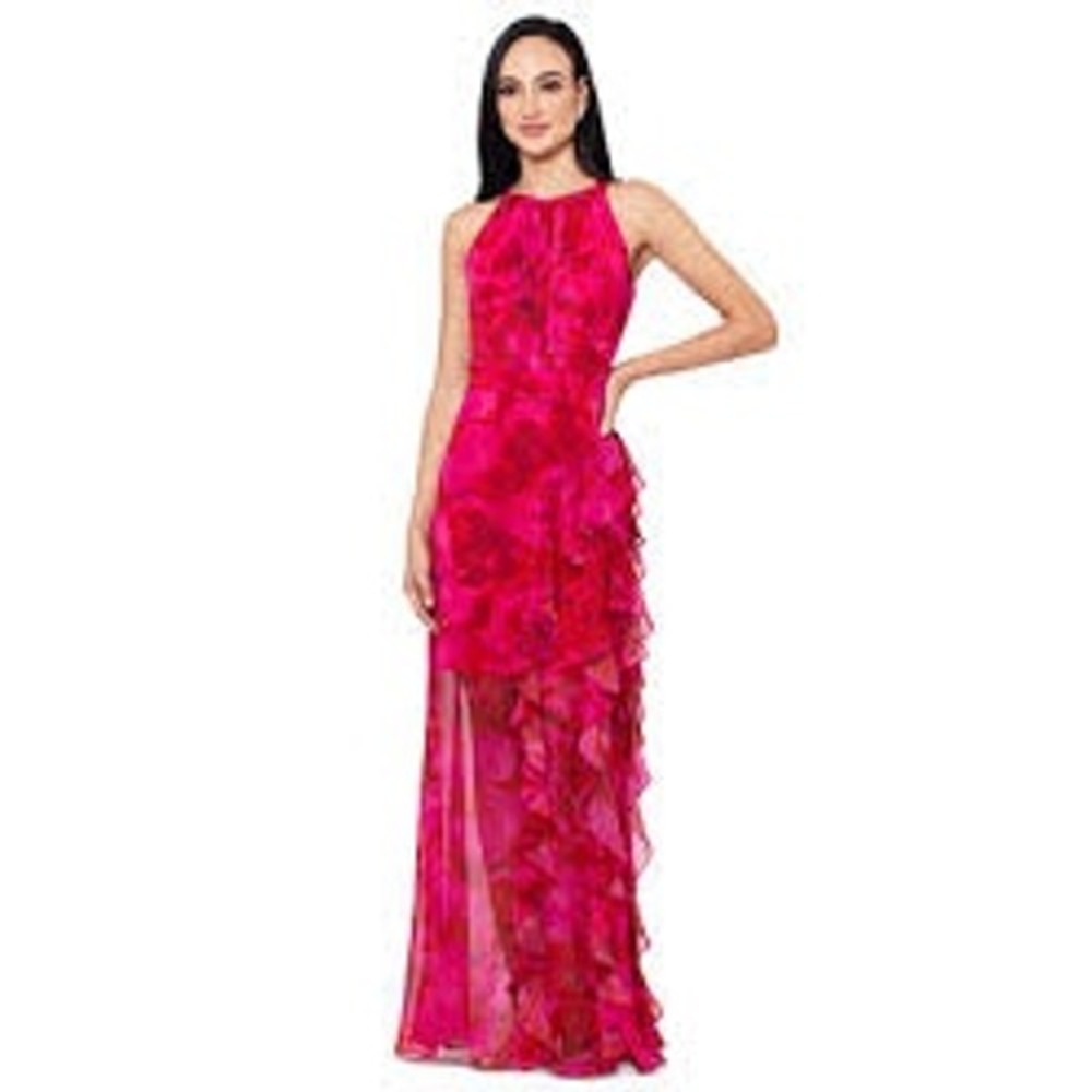 Betsy & Adam Women Gown 6 Pink Floral Ruffled Halter High-Low Chiffon Maxi Dress